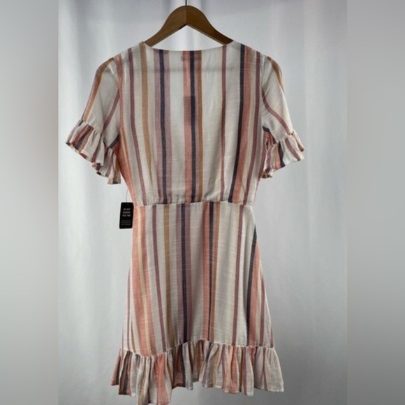 Express Cotton Blend Stripe Ruffle Wrap Dress in Cream Pink Size Medium - Picture 11 of 13